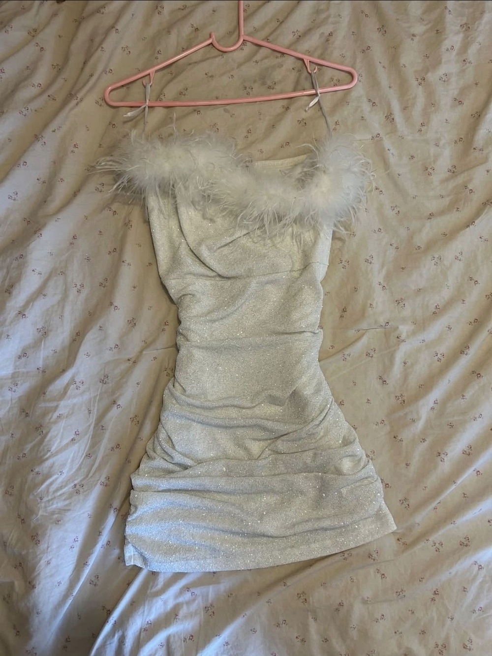 Windsor White Sparkle Feathery Trim Mini Dress